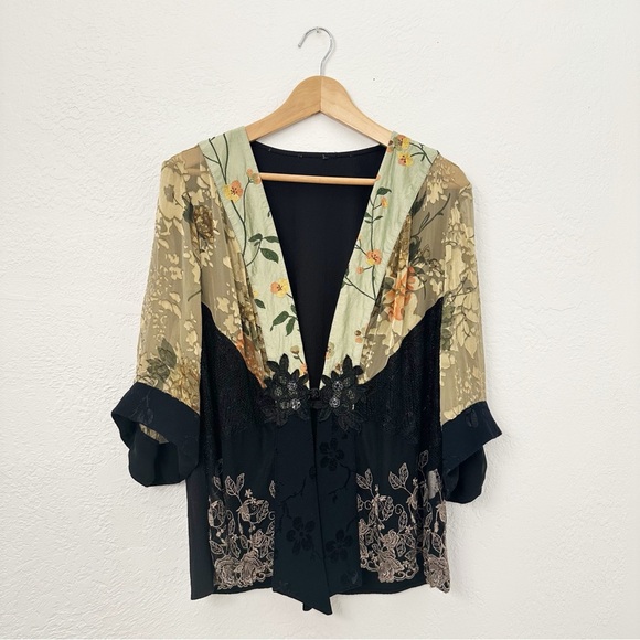 Spencer Alexis Kimono Jacket Floral Silk Blend Multi-Media Black Size 1X USA Vtg - Picture 1 of 10